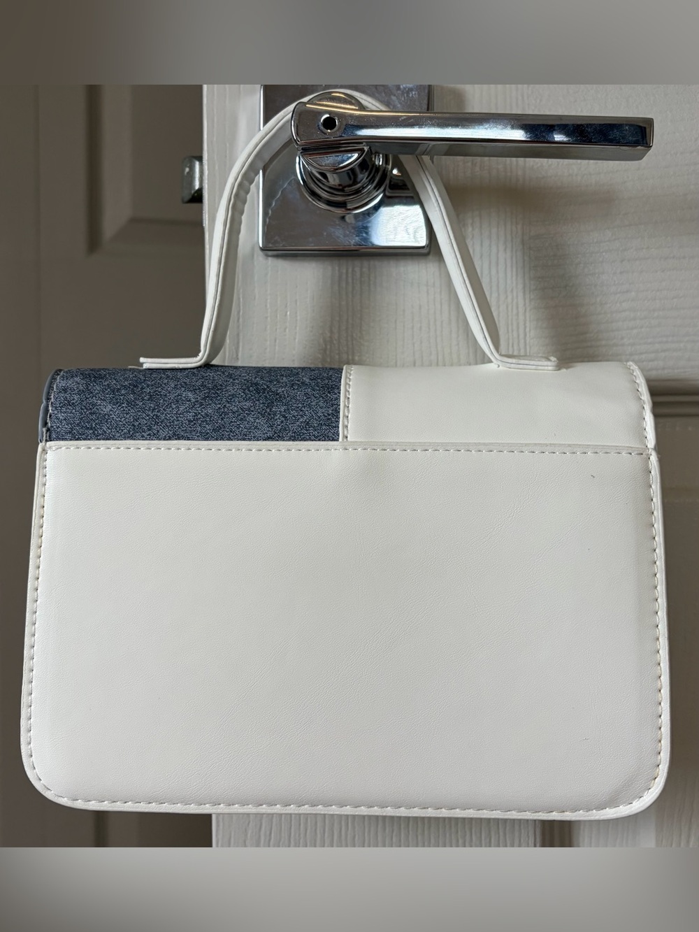 Two-Tone White and Denim Patchwork Top-Handle Crossbody Bag - Picture 6 of 7